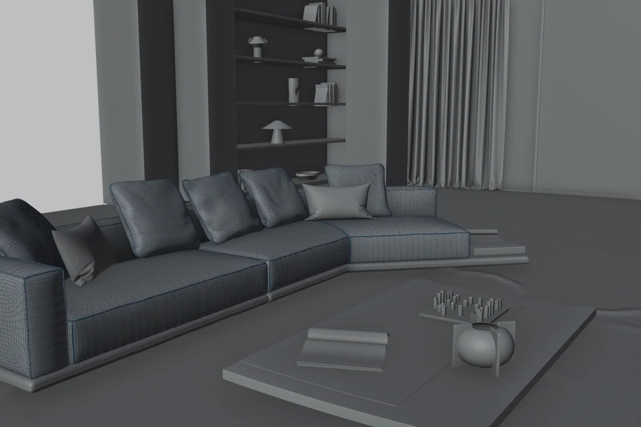 Vue en fil de fer d'une scène 3D préparée représentant un intérieur